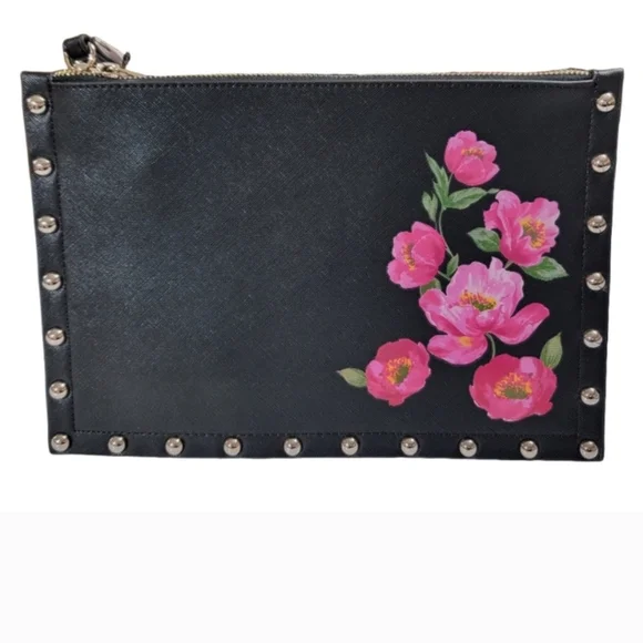 #473- WHBM- Pink and Black Floral Studded Faux Leather Wristlet - Picture 1 of 5